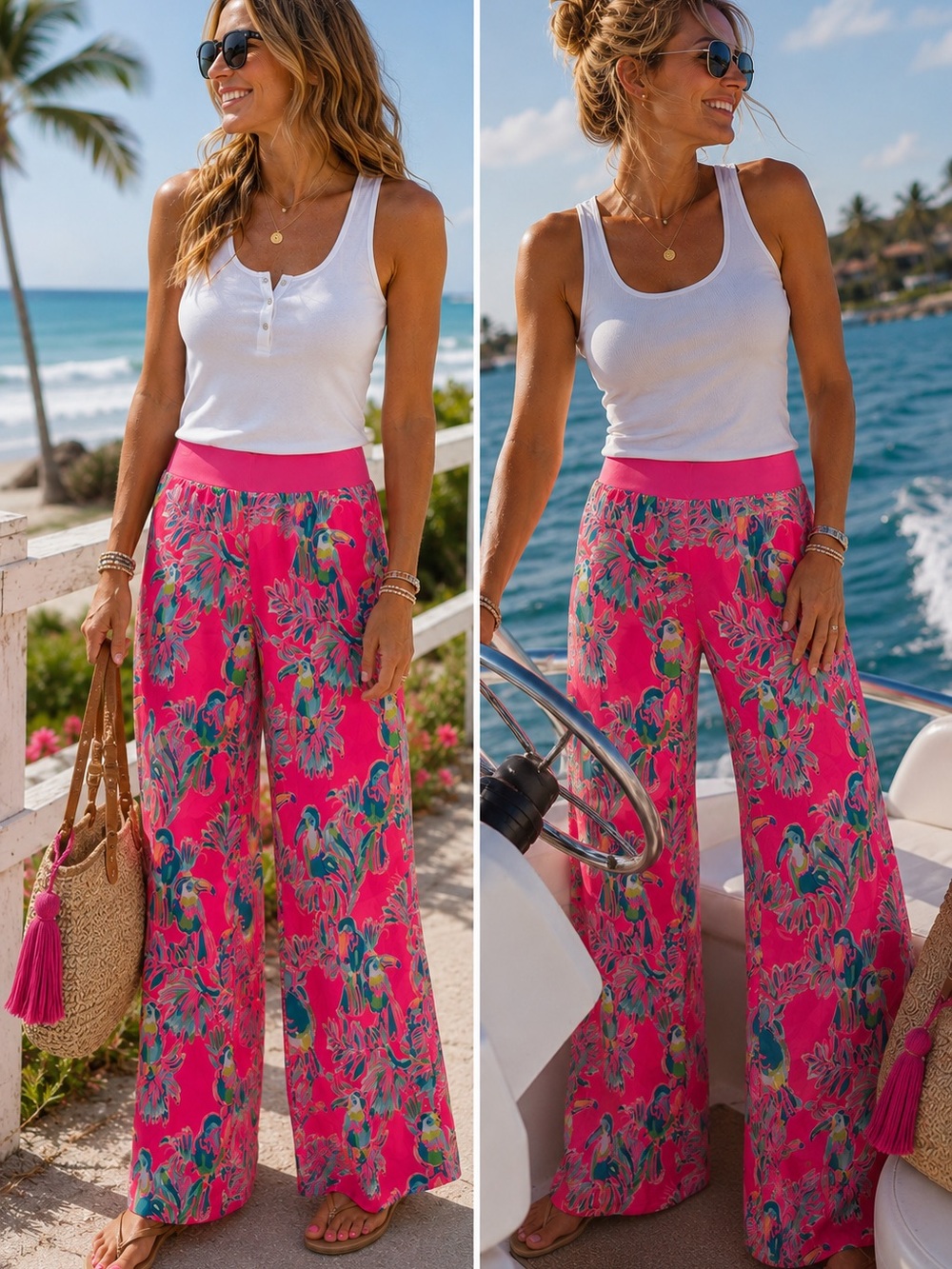 Lilly Pulitzer Pink Tropical Floral Wide-Leg Pants Dragonfruit Toucan Can